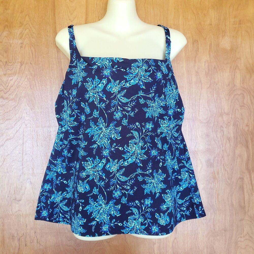 Lands End Tankini Swim Top Sz L 14-16 Blue Floral Swimwear Shelf Bra Square Neck